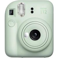 Green Fujifilm Instax Mini 12 camera with rounded edges, lens in center, and flash above viewfinder.