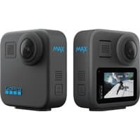 Black GoPro MAX 360 camera with dual lenses, touchscreen display, and blue branding on a compact rectangular body.