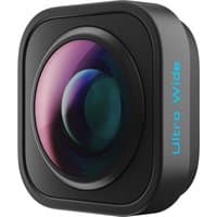 GoPro Ultra Wide Lens Mod HERO13, black square frame, large convex lens with purple tint, blue "Ultra Wide" text.