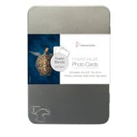 Hahnemühle A6 white high-gloss photo paper in a sleek silver tin with turtle image and product label.
