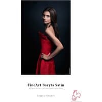 Hahnemühle FineArt Baryta Satin paper, glossy finish, featuring a model in a red dress on the cover.
