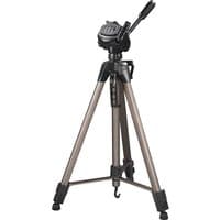 Black and silver Hama tripod with three adjustable legs and a pan-tilt head for digital and film cameras.
