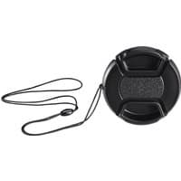 Black Hama 5.2 cm digital camera lens cap with center pinch design and attached strap.