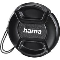 Black Hama Smart-Snap lens cap for digital camera, 5.5 cm, with textured grip and attached cord.