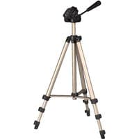 Black and silver Hama Star 75 tripod with adjustable legs and pan handle for digital and film cameras.