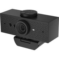 Black HP 625 FHD Webcam with geometric pattern, central lens, privacy shutter, and adjustable base.