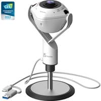 White j5create 360° AI-powered webcam with integrated speakerphone, spherical design, and USB connection on a stand.