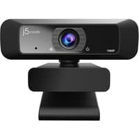 Black j5create USB HD webcam with 360° rotation, 1080p resolution, rectangular design, and adjustable base.