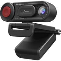 Black j5create HD webcam with red lens cover, auto and manual focus switch, and adjustable clip mount.