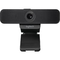 Black Logitech C925e business webcam with wide lens, privacy shutter, and adjustable clip base.