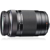 Black Olympus M.ZUIKO 75-300mm camera lens with textured zoom ring and silver accents.