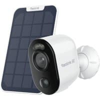 White Reolink Argus 3 Ultra outdoor IP security camera with solar panel, featuring dual lenses and LED lights.