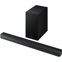 Black Samsung B650F soundbar with sleek design and matching rectangular subwoofer.
