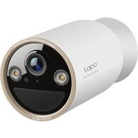 White TP-Link Tapo 4K UHD security camera with cylindrical body, black faceplate, and dual LED lights.