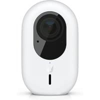 White Ubiquiti G4 Instant Cube IP camera with black lens area, oval shape, and sleek design for outdoor use.