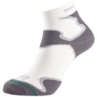 White and gray ankle-length sock with green trim, featuring reinforced heel and toe, branded "1000 Mile" on the cuff.