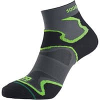 Black and gray anklet sock with green accents and "1000 Mile" branding on cuff and toe.