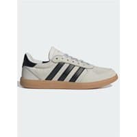 Adidas Breaknet Sleek shoes, grey with black stripes, gum sole, low-top design, lace-up closure.