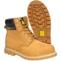 Tan Amblers Safety boot, size 11, with black padded collar, yellow stitching, and durable treaded sole.