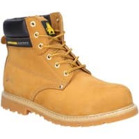 Tan Amblers Safety boot with black padded collar, yellow stitching, metal eyelets, and Goodyear welted sole, size 8.