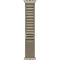 Olive green Apple 49mm Alpine Loop watch band, small size, with textured fabric and metal clasp.