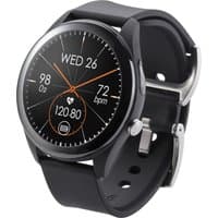 Black ASUS VivoWatch SP smartwatch with round digital touchscreen, silver buckle, and health metrics display.