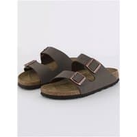Birkenstock Arizona sandals in mocca Birko-Flor nubuck with dual adjustable straps and cork-latex footbed, size 39.