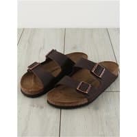 Dark brown Birkenstock Arizona sandals with two adjustable straps and cork footbed, size 46.