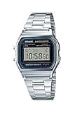 Casio men's digital watch, stainless steel bracelet, rectangular face, black bezel, digital display with time and date.