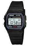 Black Casio digital watch with rectangular face, LED light, and black resin band, displaying time and date.