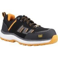 Black and yellow Caterpillar safety trainer with white sole, orange accents, and reinforced toe.