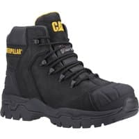 Black Caterpillar Everett S3 waterproof safety boot, size 11, with yellow logo, padded ankle, and rugged sole.