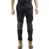 Black Caterpillar men's dynamic trousers with drawstring waist, reinforced knees, and elastic cuffs.