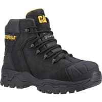 Black Caterpillar men's safety boot with yellow logo, rugged sole, padded collar, and reinforced toe.