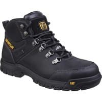 Black Caterpillar men's safety boots with metal eyelets, padded collar, and yellow logo accents.