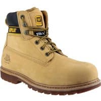 Tan Caterpillar Holton safety boots with steel toe, black padded collar, and yellow logo on tongue.