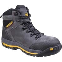 Gray Caterpillar Munising waterproof safety boot with black accents, yellow logo, and rugged sole.