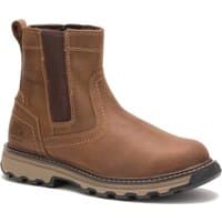 Brown Caterpillar Mens Pelton Safety Boots with slip-on design, elastic side panels, and rugged sole.