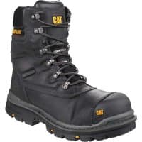 Black Caterpillar men's waterproof safety boots with steel toe, lace-up front, and rugged slip-resistant sole.