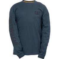 Blue Caterpillar men's long sleeve t-shirt with CAT logo on chest and Caterpillar text on sleeve.