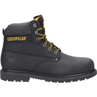 Black Caterpillar safety boot, size 11, with yellow laces, steel toe, and padded ankle support.