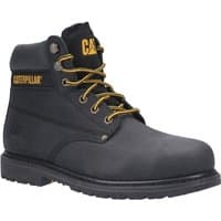 Black Caterpillar safety boot, yellow laces, logo on tongue, rugged sole, ankle-high design, size 13.