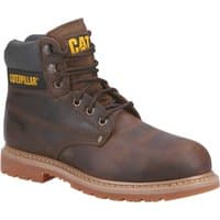 Brown Caterpillar safety boot, size 9, with black padded collar, yellow logo, and rugged sole by Footsure Western Limited.