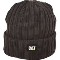 Black ribbed knit watch cap with fold-over cuff and embroidered CAT logo on the front.