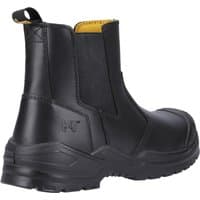 Black Caterpillar safety boot with elastic side panels, reinforced toe, and pull tab, featuring a rugged sole.