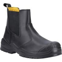 Black Caterpillar safety boot with reinforced toe, slip-on design, elastic side panels, and rugged sole.