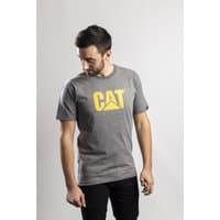 Grey Caterpillar T-shirt, medium size, with bold yellow CAT logo on chest, worn by a man against a plain background.