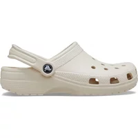 Beige Crocs Classic clogs with ventilation holes, adjustable heel strap, and textured sole.