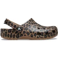 Brown leopard print Crocs clogs with ventilation holes and adjustable heel strap.