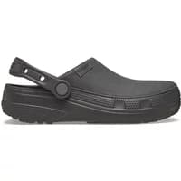 Black Crocs Classic Crafted clogs with textured sole, adjustable heel strap, and vented sides.
